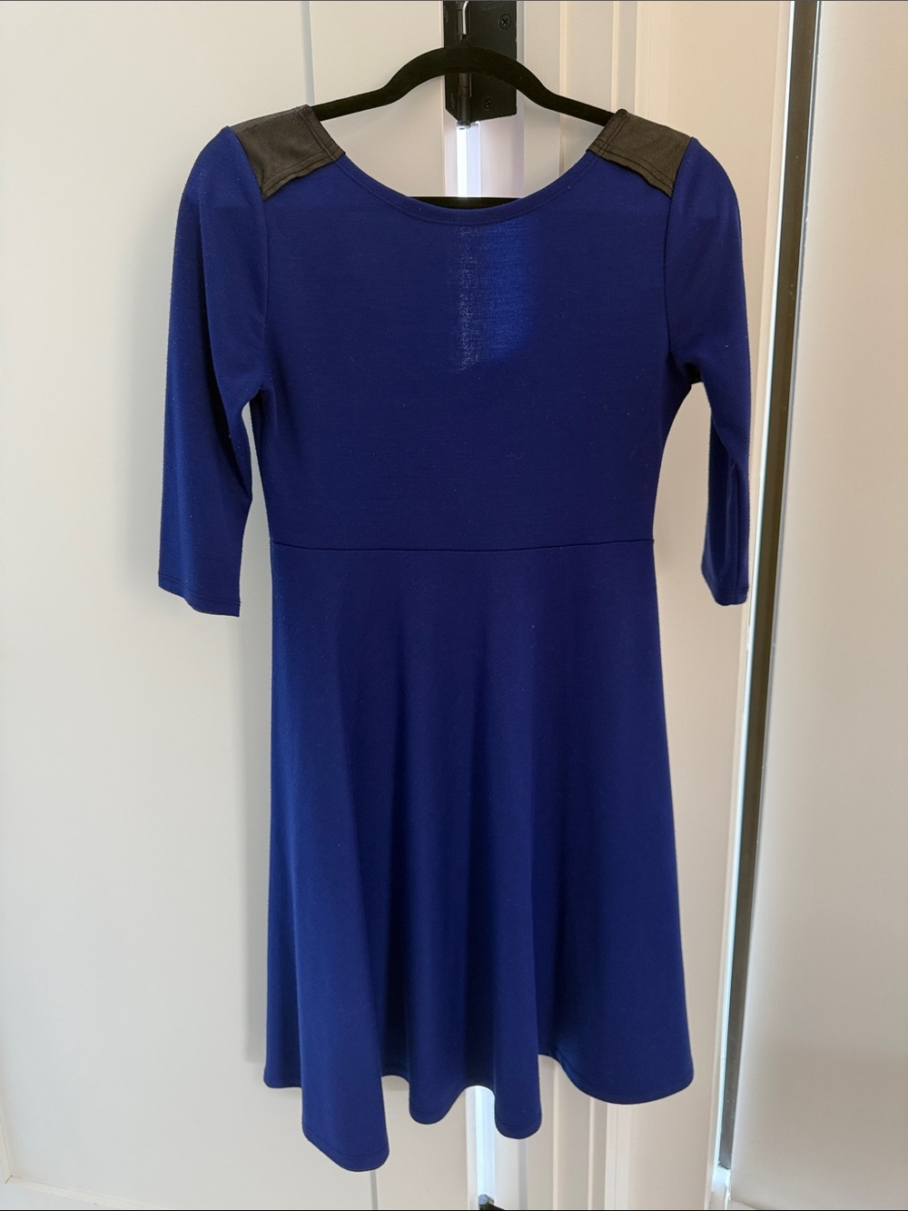 Royal Blue Fit & Flare Dress with Faux Leather Shoulder Detail